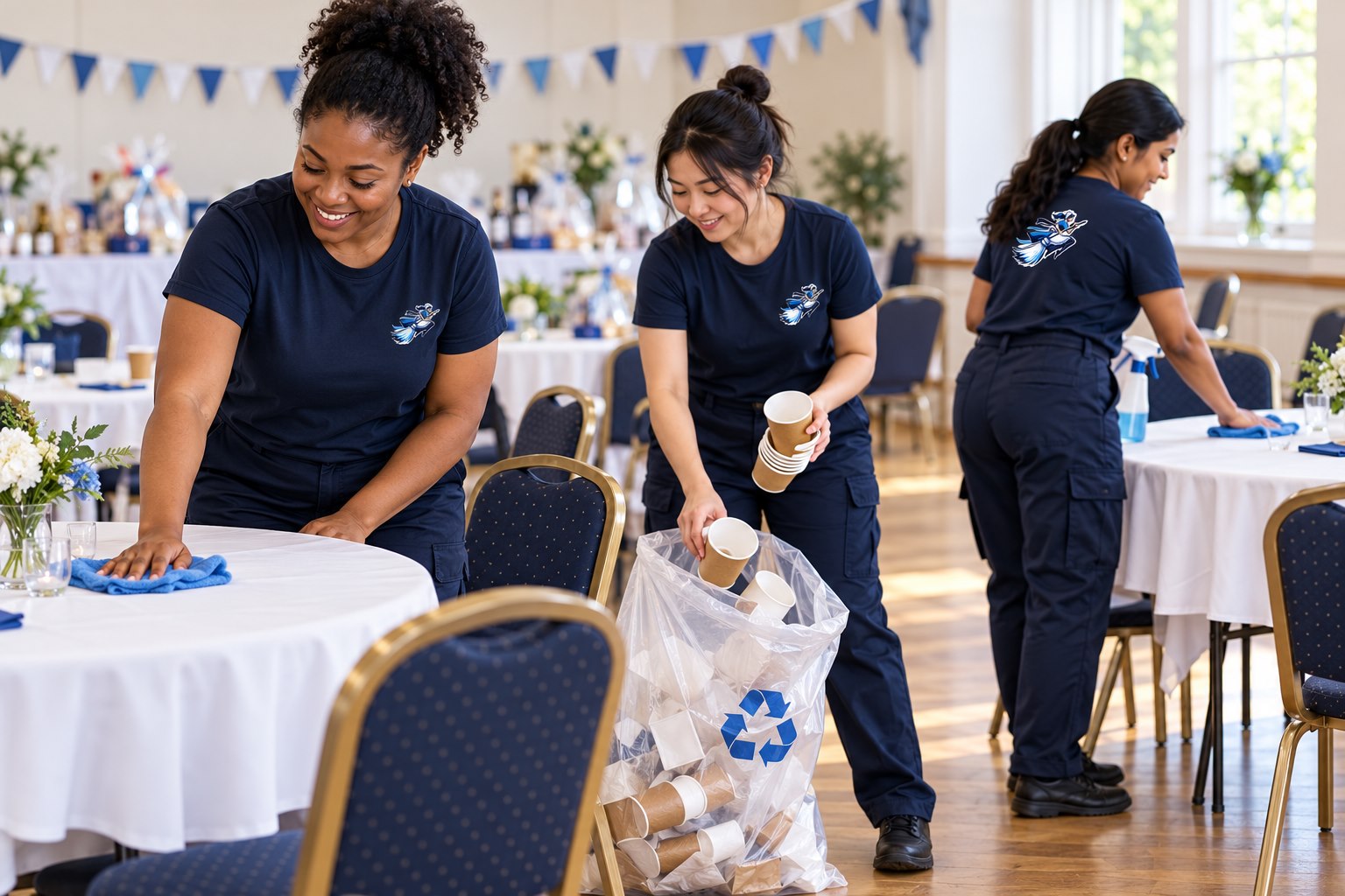 Illustration of three women in SwiftMaid uniforms cleaning a community event venue