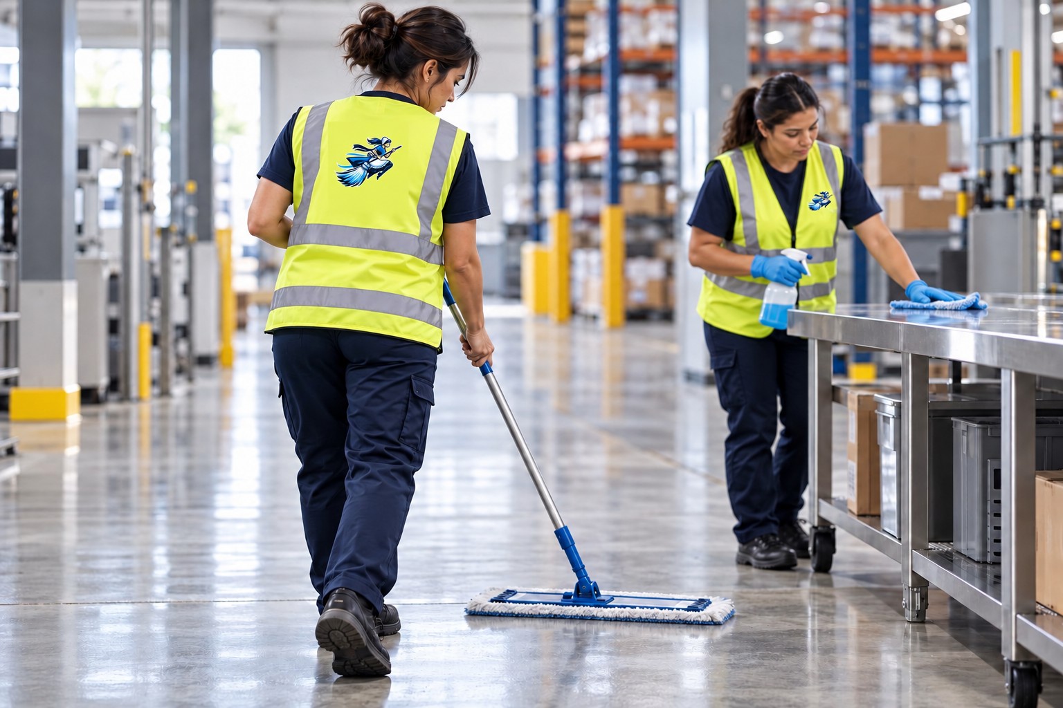 Illustration of uniformed cleaners working in an industrial space