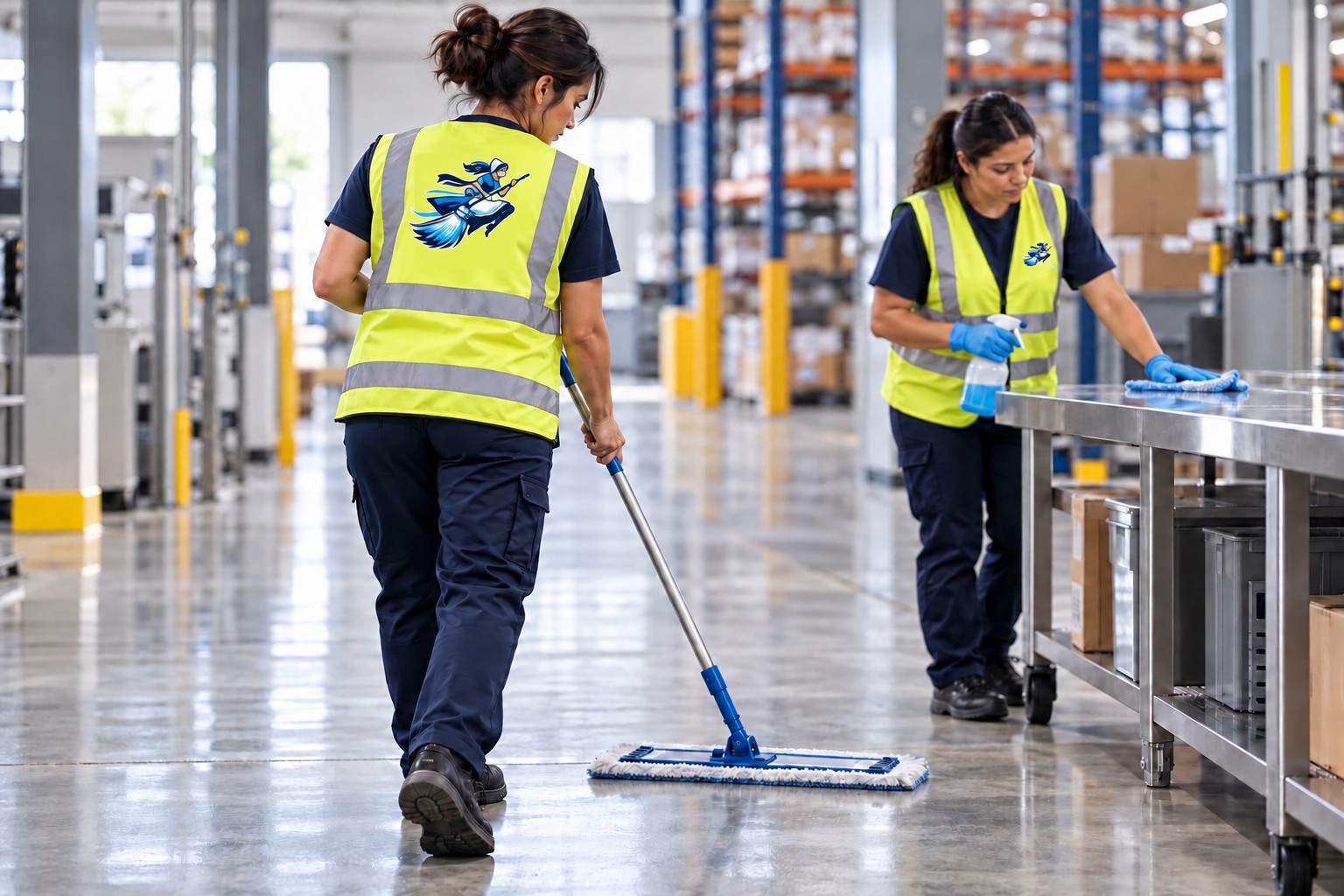 Illustration of uniformed cleaners working in an industrial space