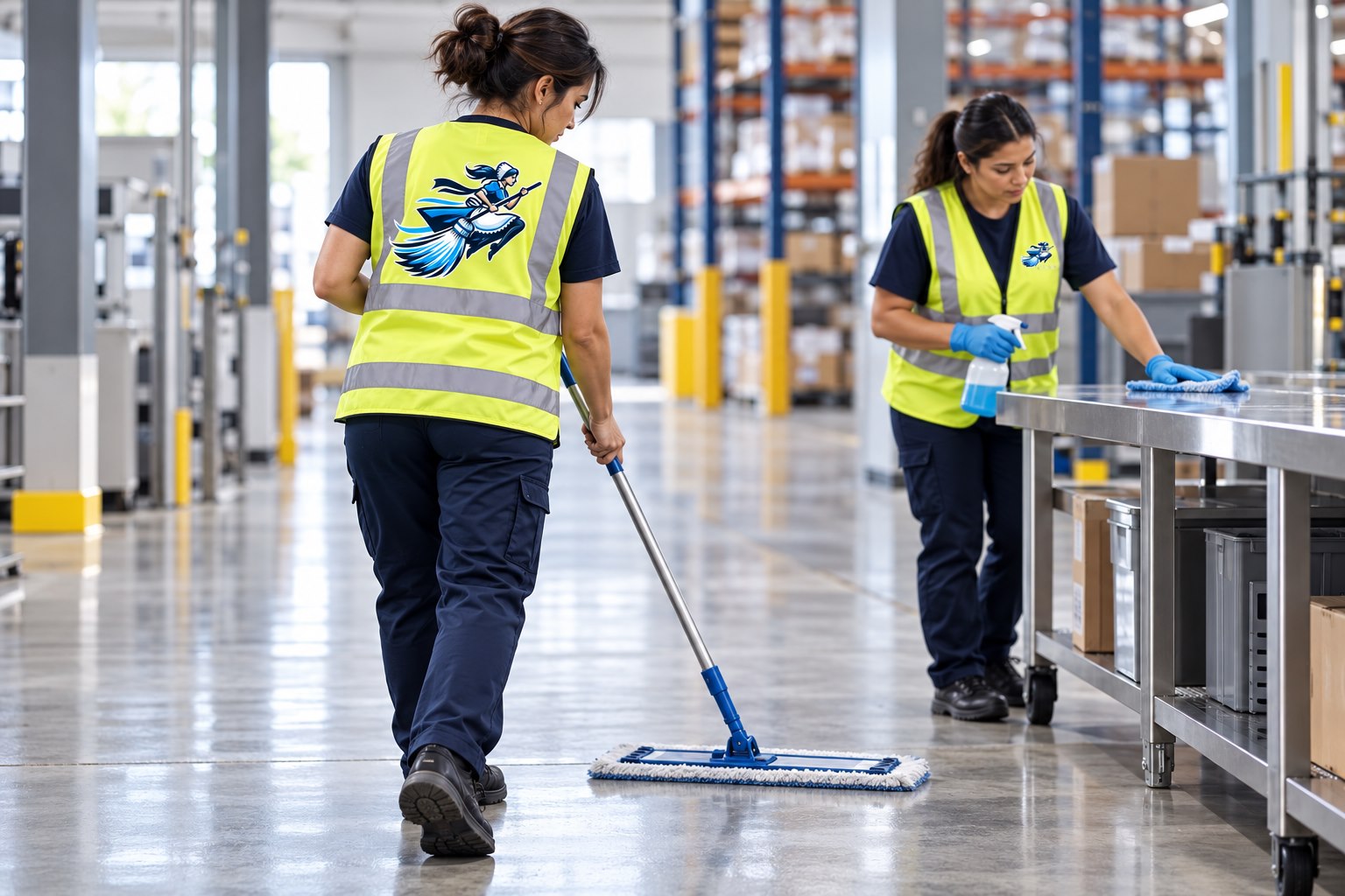 Illustration of uniformed cleaners working in an industrial space