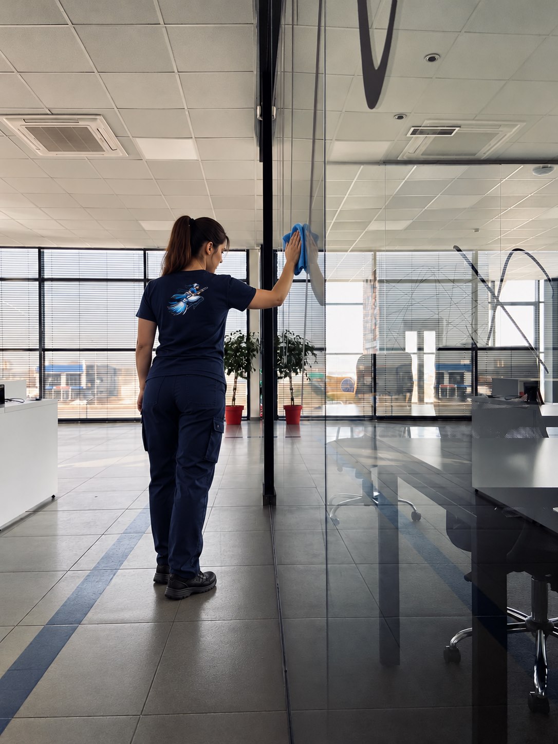 Illustrative cleaner in SwiftMaid navy uniform wiping office glass